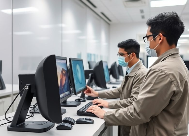 セルフサービス端末のカードリーダーを点検する担当者